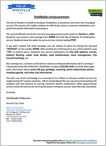 City of Moville Iowa press release